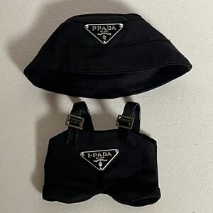 Designer Overalls Bucket Hat 2 Piece Outfit For Labubu Black Suspenders